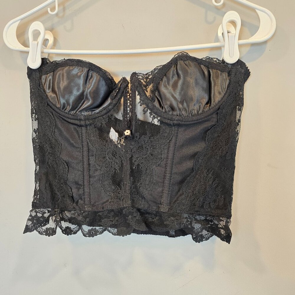 Vintage Victorias Secret Corset Bustier 34 Gold Label Black Satin Lace Balconete
